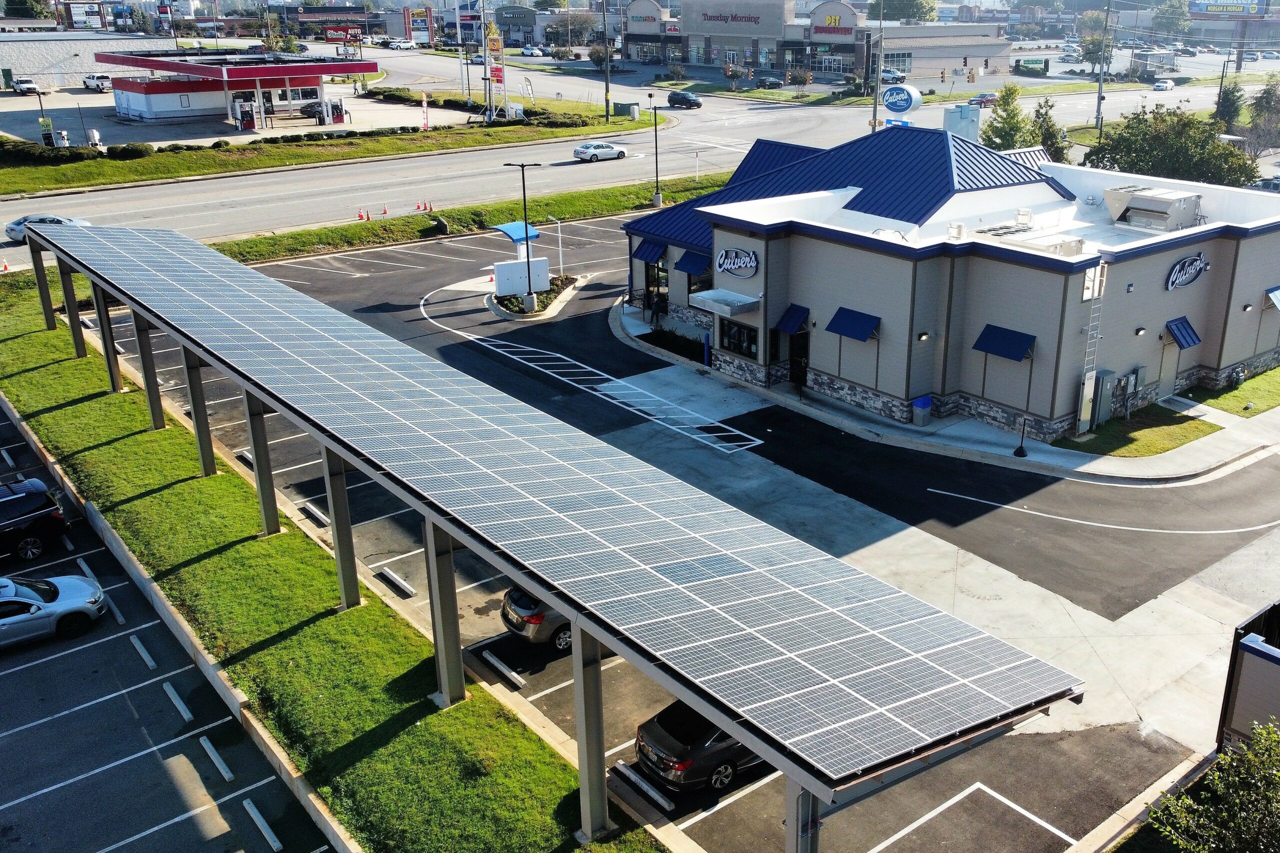 Beautiful array of solar panel canopy over parking lot