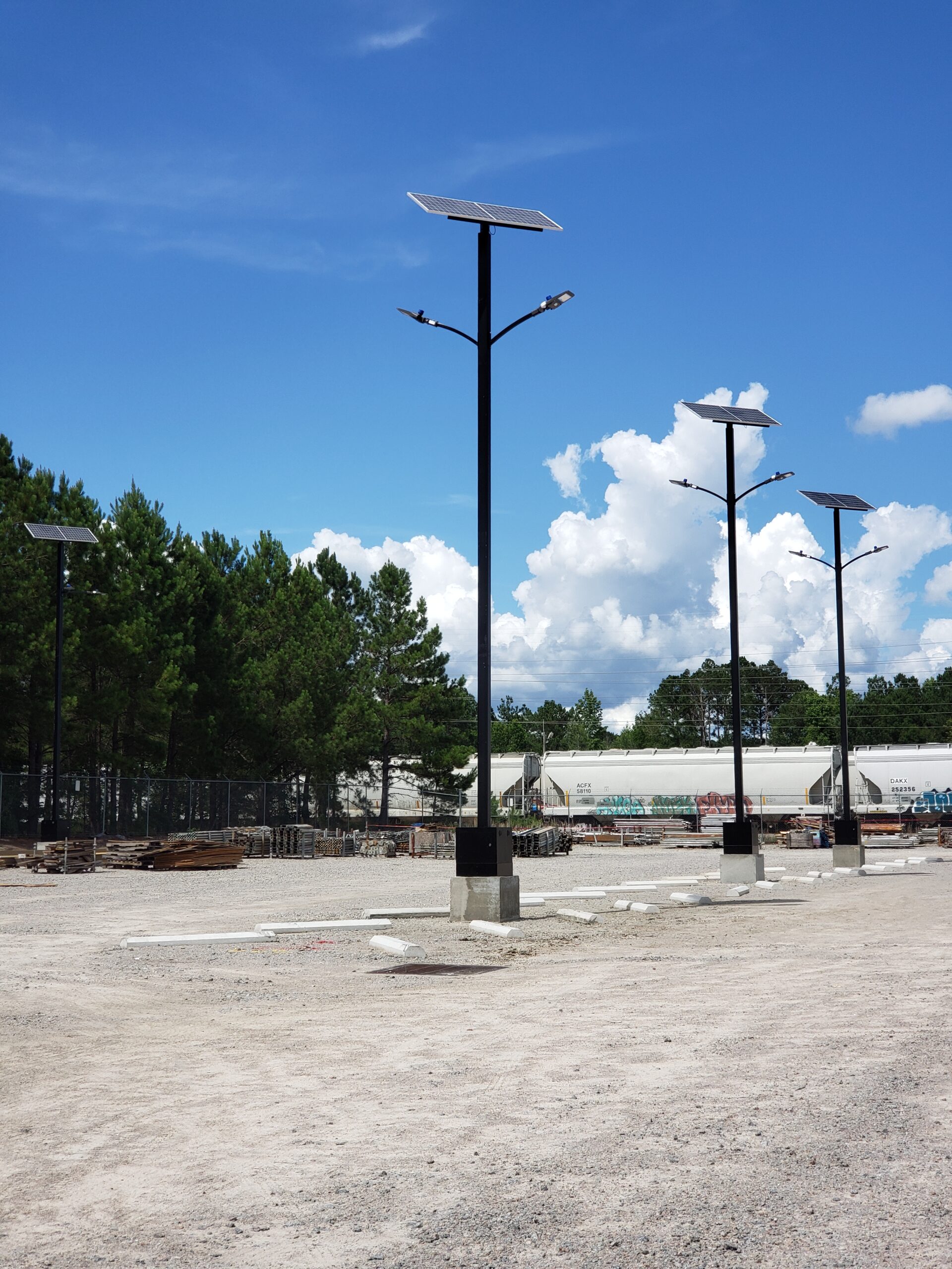 Solar Powered parking lot lights in an industrial outdoor setting