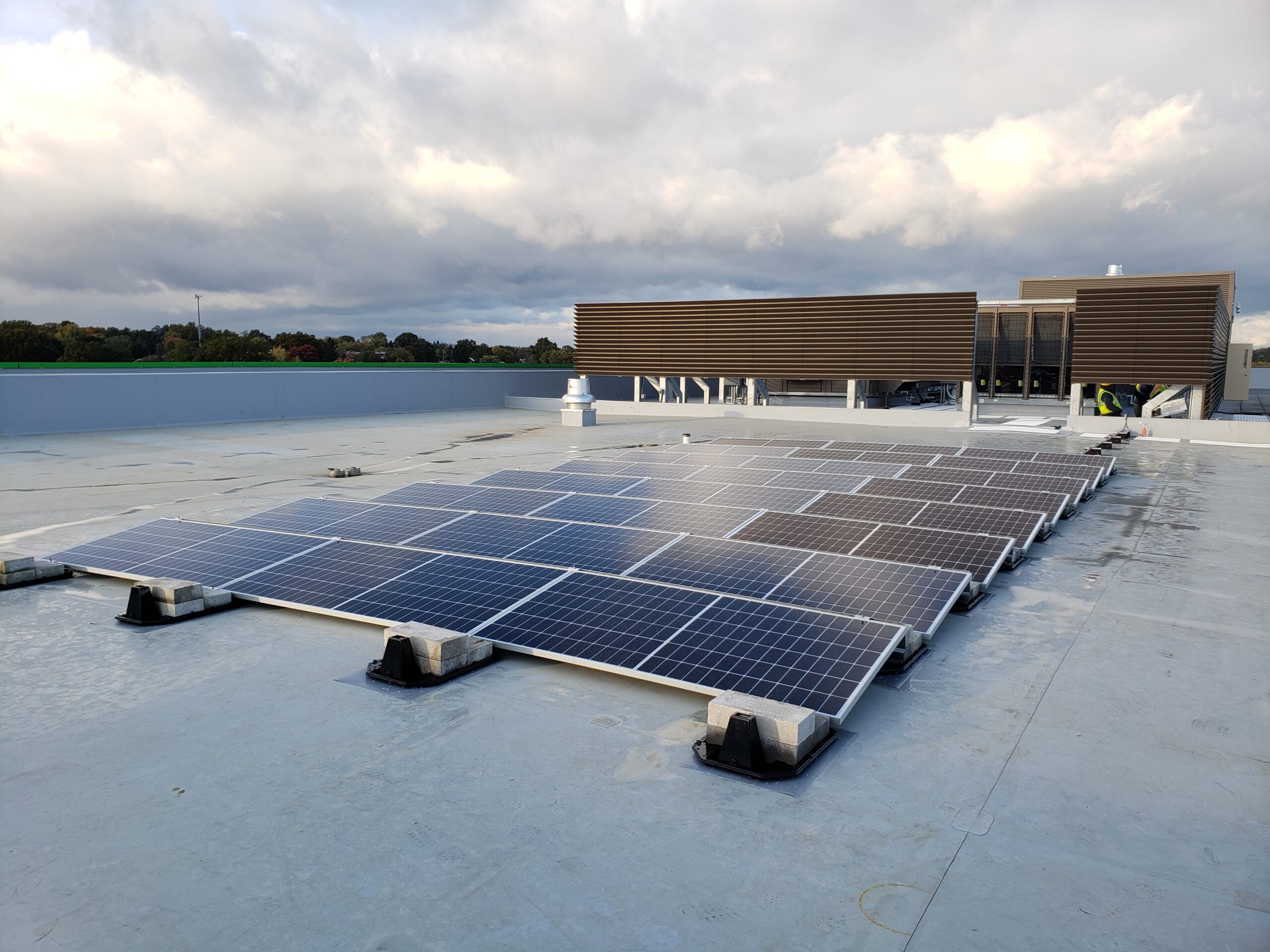 Beautiful array of solar panels on a flat roof