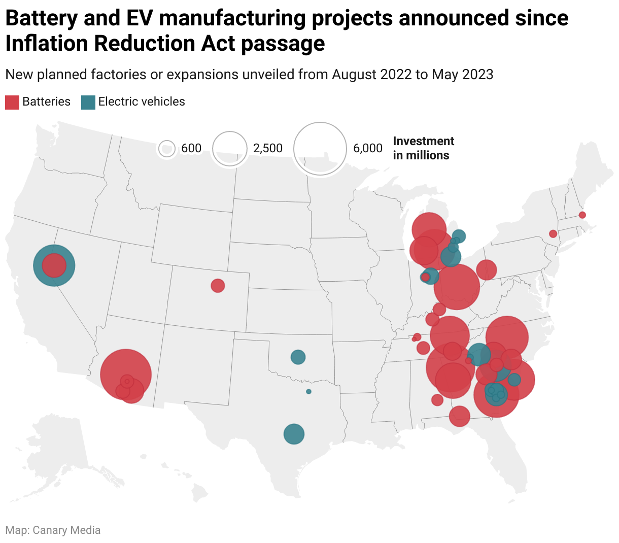 Battery and EV manufacturing projects announced since Inflation Reduction Act passage map of the US.
